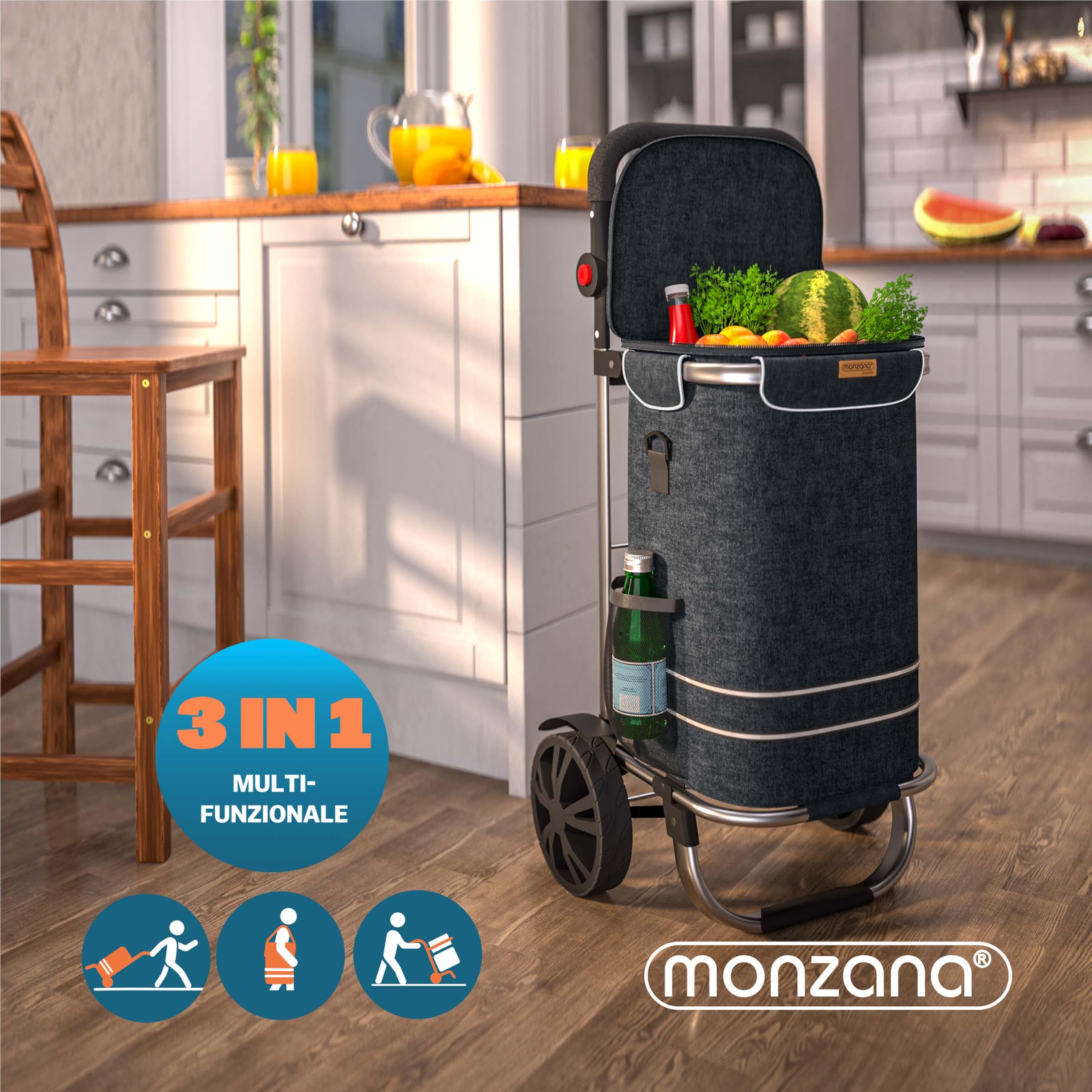 MONZANA Carrello della Spesa 3in1 56L fino a 50 kg Borsa Pieghevole Rimovibile Carrellino Portaspesa Trolley Nero