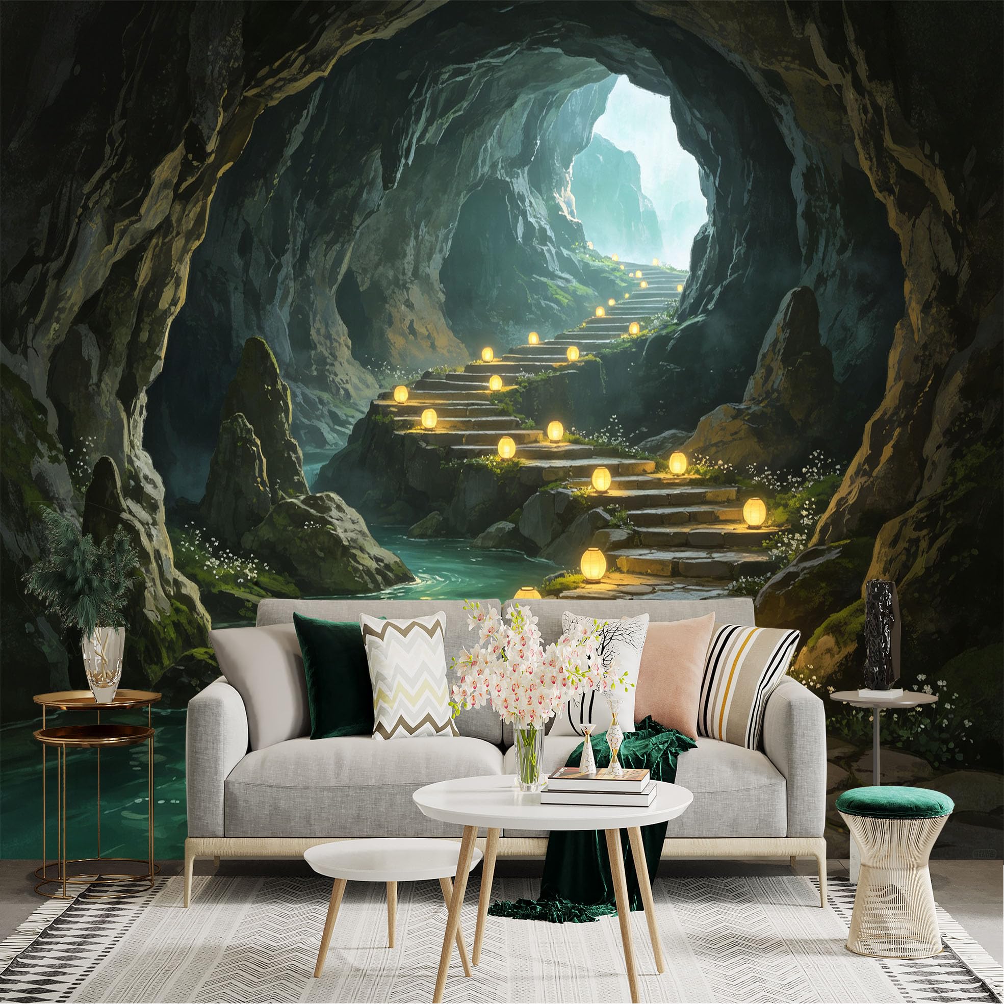 Custom Size Wall Sticker Mural， Enchanted Cave with Glowing Lanterns， Stone Stairs and Serene Underground River， for wall Decoration， peelandstick wall Decals.