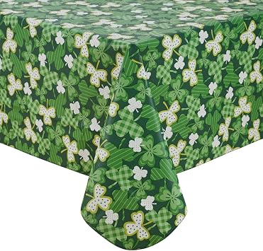 Serafina Home St. Patricks Day Irish Vinyl Flannel Backed Tablecloth for Dining Room Kitchen Table Decor St. Pats Lucky Shamrock Clovers Green White Yellow Gold St. Pats Plaid Sham, 52" x 90"