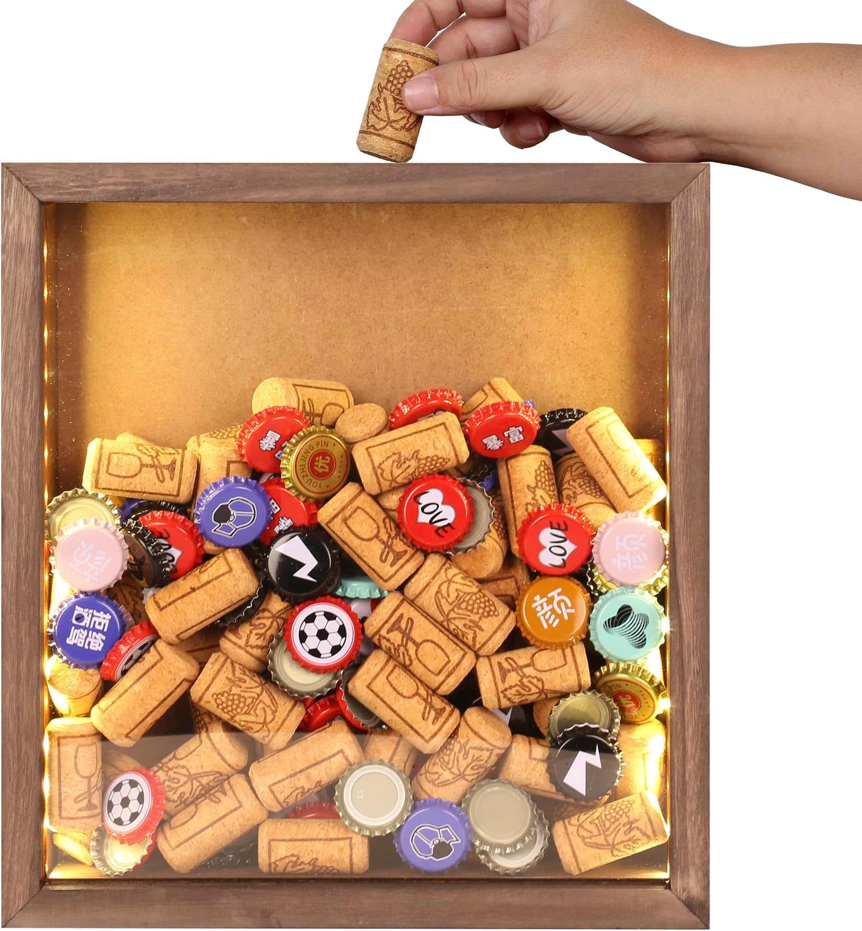 11x12 LED Shadow Box with Slot Wine Cork Holder Ticket Display Case Frame with Lights Beer Caps Labels Ready to Hang Memory Box Christmas Decoration (Brown)