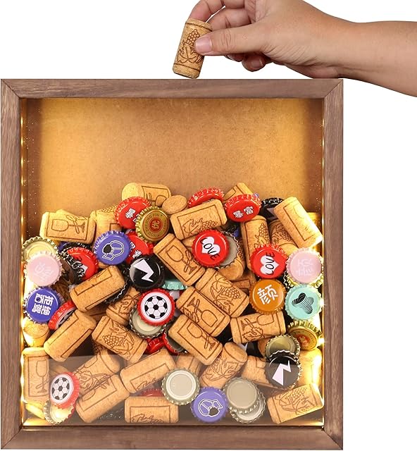GiveU LED Shadow Box with Slot-Wine Cork Holder-Ticket Display Case Frame Come with Light-Beer Caps Labels Travel Memory show case-Brown