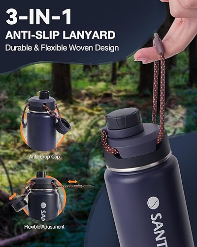 Miniatura 7 de Santeco - Botellas de agua aisladas de 24 onzas, botella de acero inoxidable con cordón y tapa de boca ancha, a prueba de fugas, botella de agua de