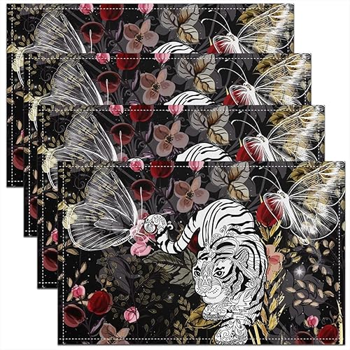 Juego de 4 manteles individuales de tigre blanco, estilo rural, estilo retro, con plantas, florales, 12 x 18 pulgadas, para decoración de mesa de