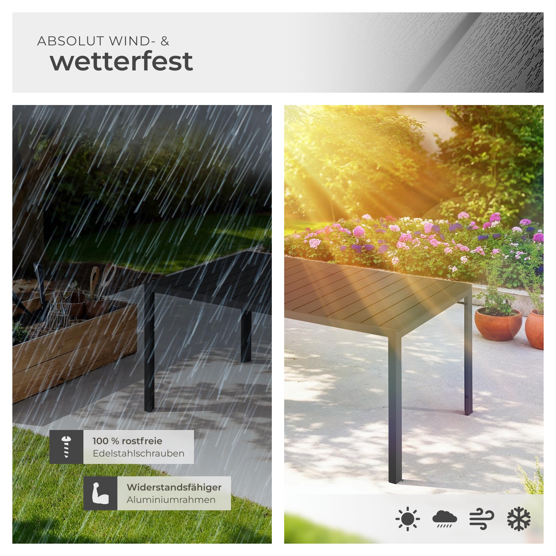 tectake® Gartentisch, outdoor Esstisch, Balkontisch in Holz Optik, Terrassentisch mit Aluminiumrahmen, Gartenmöbel wetterfest, 150 x 90 x 74,5cm, Tisch für Garten, Lounge, Sitzgruppe - schwarz/schwarz