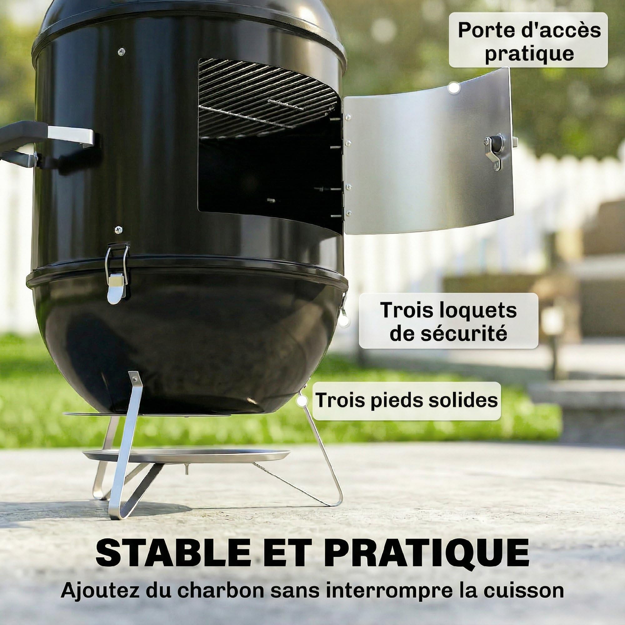 Outsunny Affumicatore 3-in-1 3 Griglie di Cott. Termometro Integrato Nero | Ø44 cm, presa d'aria regolabile, coperchio rimovibile, maniglia isolata, barbecue a carbone, carne e pesce