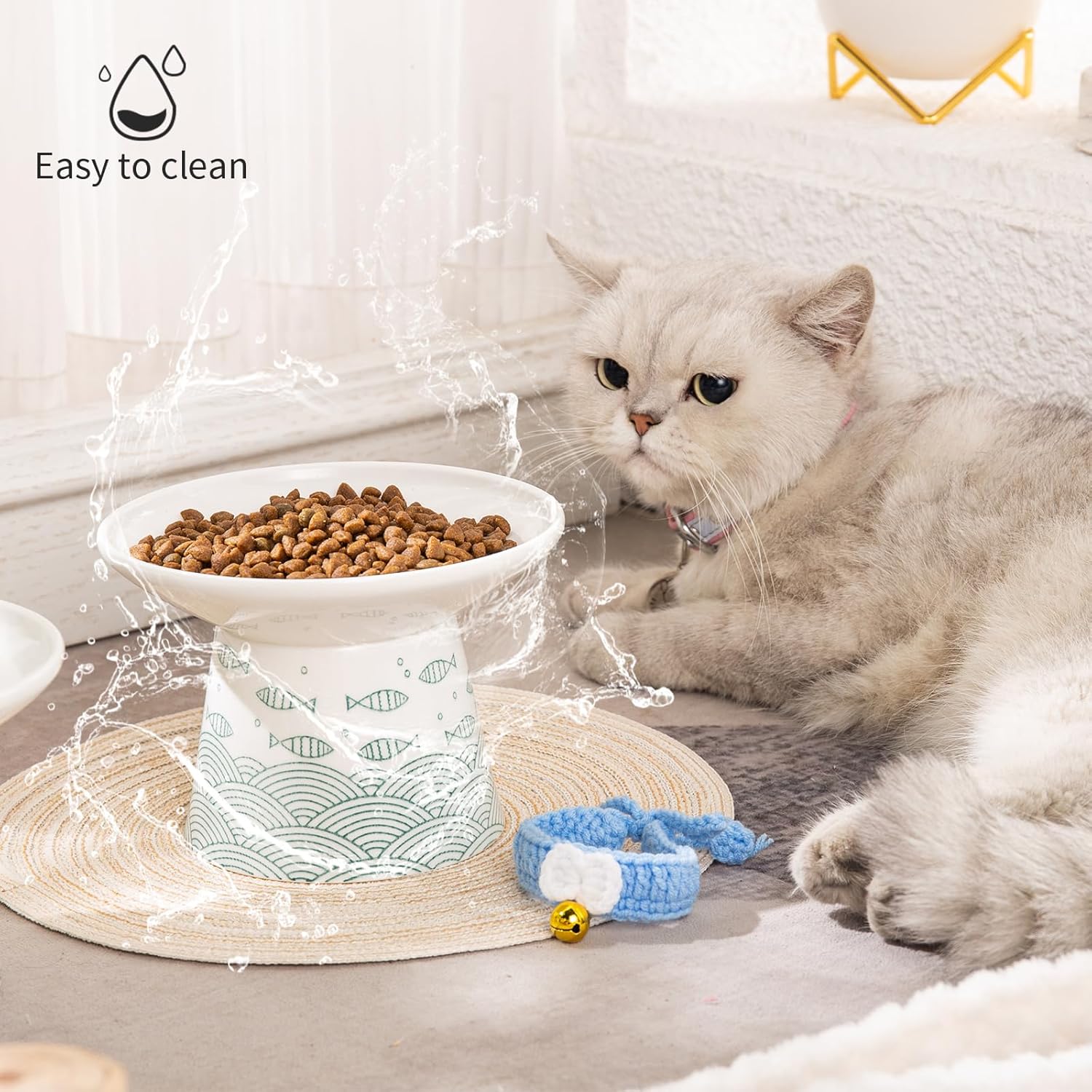 6.25 Inch Extra Wide Raised Cat Food Bowls, Elevated Ceramic Cat Feeding Bowl, Whisker Friendly, Heavy Sturdy Base Pet Feeder Dish for Elder Big Cats, Reduce Vomiting, 2 Pack(Green&Orange)