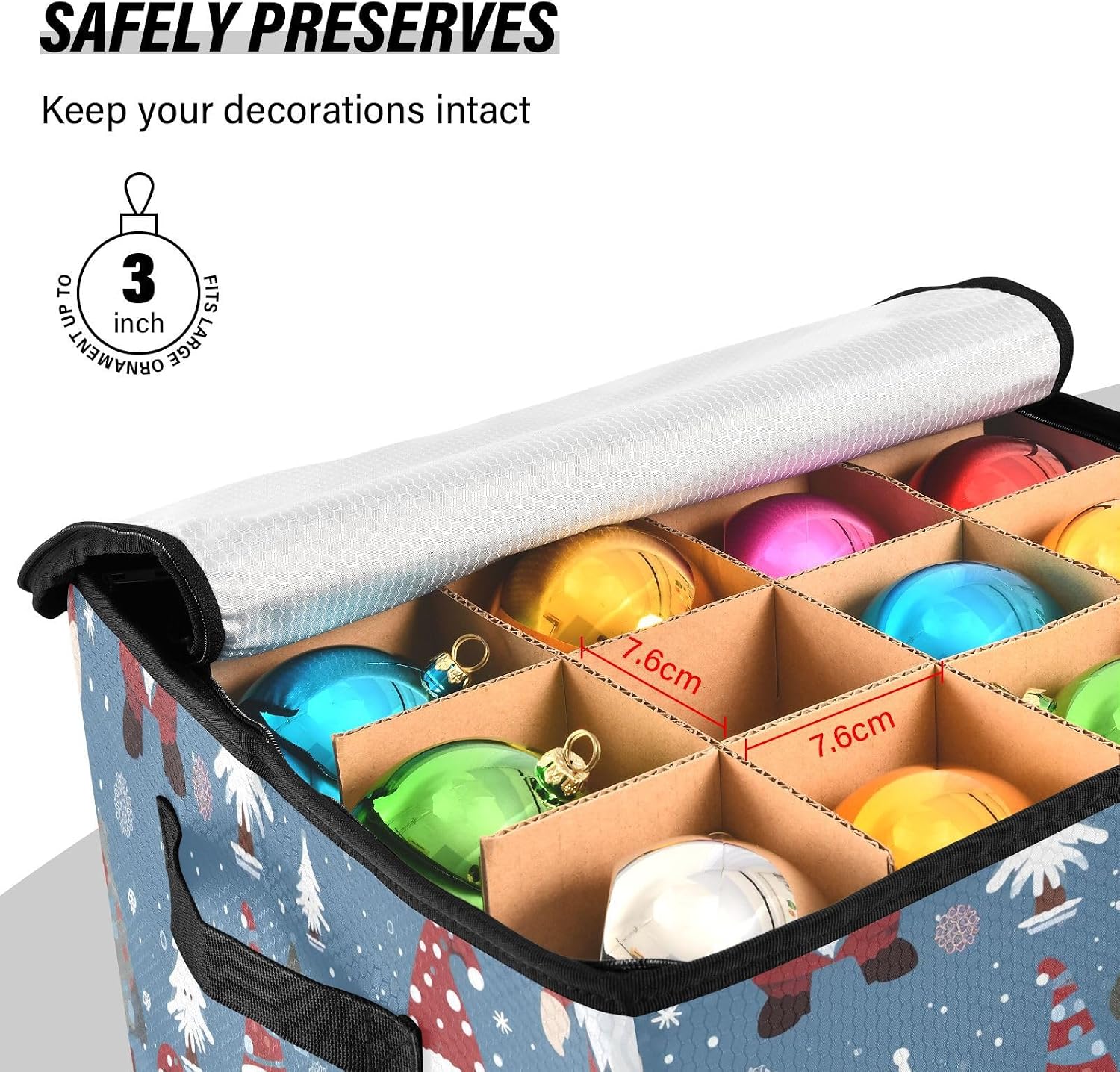 Christmas Gnomes Snow Christmas Ornament Storage Box for Next Season Holiday Decorations Storage Container with Adjustable Dividers & Lid Foldable Storage Bins for Decor Ornaments Balls Organizing