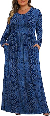 Tencede Womens Plus Size Maxi Dresses Long Sleeve with Pockets Casual Long Dress 1X-5X