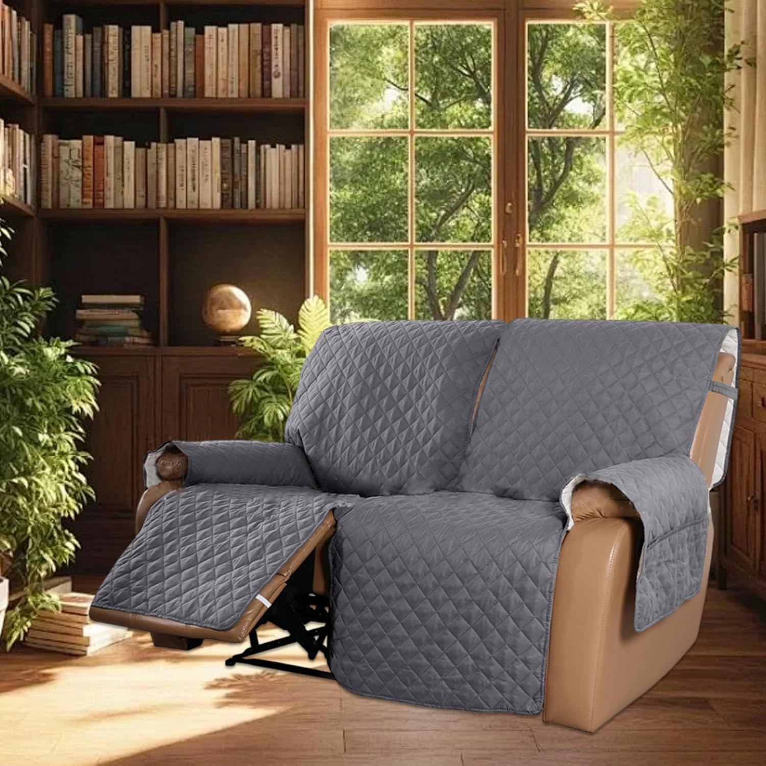 Loveseat Recliner Covers 2 Seater, Waterproof Loveseat Covers for 2 Cushion Couch, Non Slip Recliner Slipcover with Elastic Straps for Kids, Pets, Grey