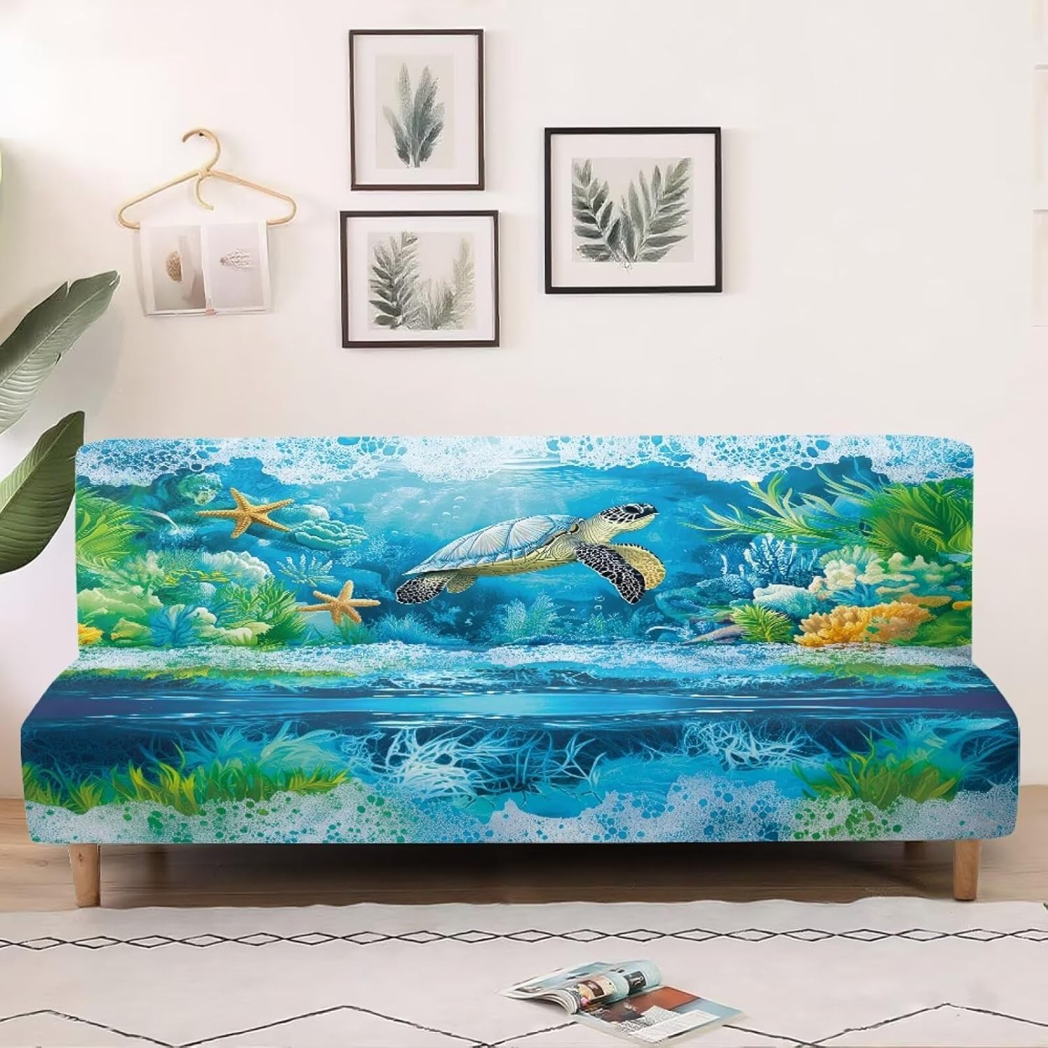 Armless Sofa Slipcover Polyester Spandex Stretch Futon Cover, Dustproof Elastic Couch Cover Furniture Protector Machine Washable for Home, Dorm, Living, Turtle Print