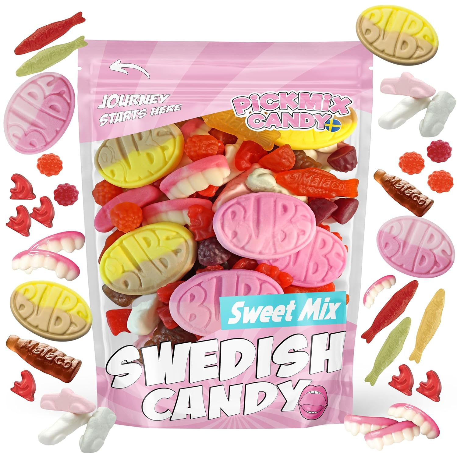 Swedish Candy Sweet Mix 1 POUND Gummy Candies With 8 Flavor Variety, BUBS Banana Toffee, Wild Berry Pomegranate, Ahlgrens Bilar Limousines, Malaco Fish, Forest Berries, Grandma’s Dentures Gummies, Cola Bottles & Zoo Monkey Gummies