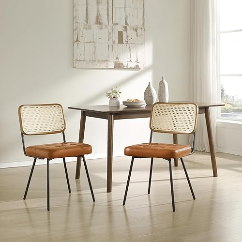 Miniatura 6 de Art Leon Juego de 2 sillas de comedor de ratán modernas de mediados de siglo con respaldo tejido de ratán, sillas de cocina de piel sintética con