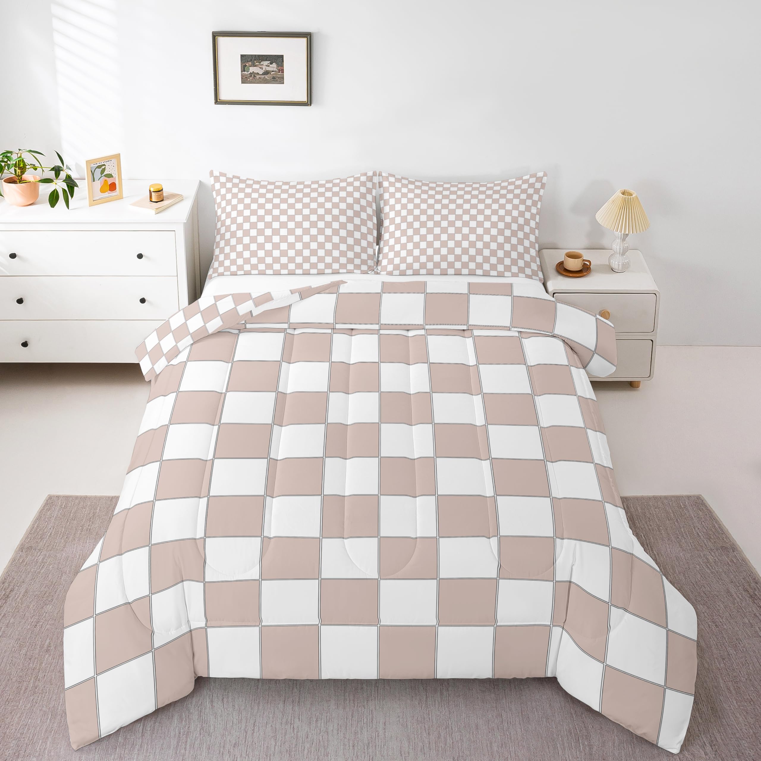 Erosebridal Light Pink Checkered Quilt Set Twin White Cream Checkerboard Bedding Set,Buffalo Plaid Grid Comforter Set for Kids Girls Teen Aesthetic Geometric Gingham Bed Set Modern Room Decor