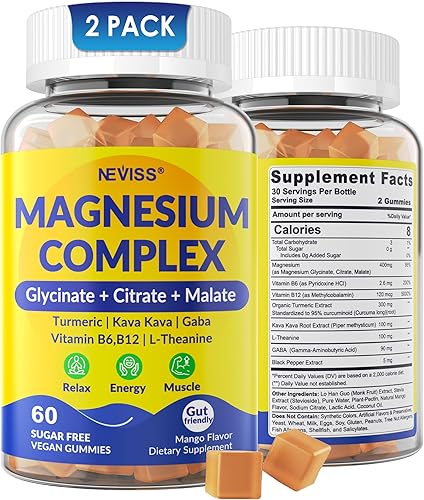 Miniatura 1 de Complejo de suplemento de magnesio 400 mg, glicinato de magnesio, malato, citrato con cúrcuma 300 mg para calma, nervios, energía, calambres