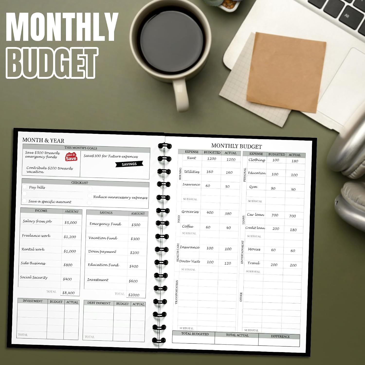 Nextnoid A5 12-Month Budget Planner, Undated Budget Book, Painted Garden image 5