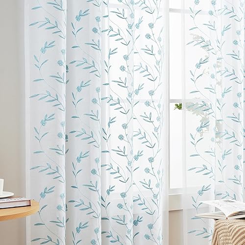 Miniatura 3 de Cortinas traslúcidas con bordado floral azul de 84 pulgadas de largo, cortinas de encaje con bolsillo para barra para sala de estar, dormitorio, 2
