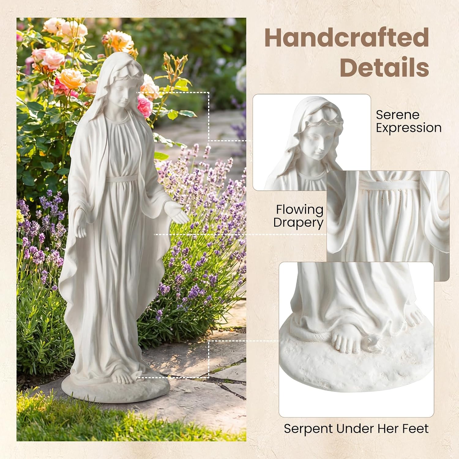 Giantex Virgin Mary Garden Statue 29.5", Blessed Mother Outdoor Religious Statue with Serpent, Weather-Resistant MgO Catholic Yard Decor for Lawn, Patio, Prayer Garden & Memorial, Distressed Ivory