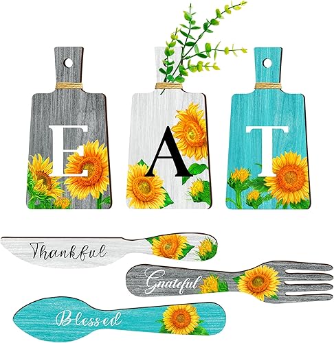 Juego de 6 letreros de girasol para cocina, tenedor y cucharas, decoración de pared de cocina, placas colgantes de madera, arte de pared de granja,