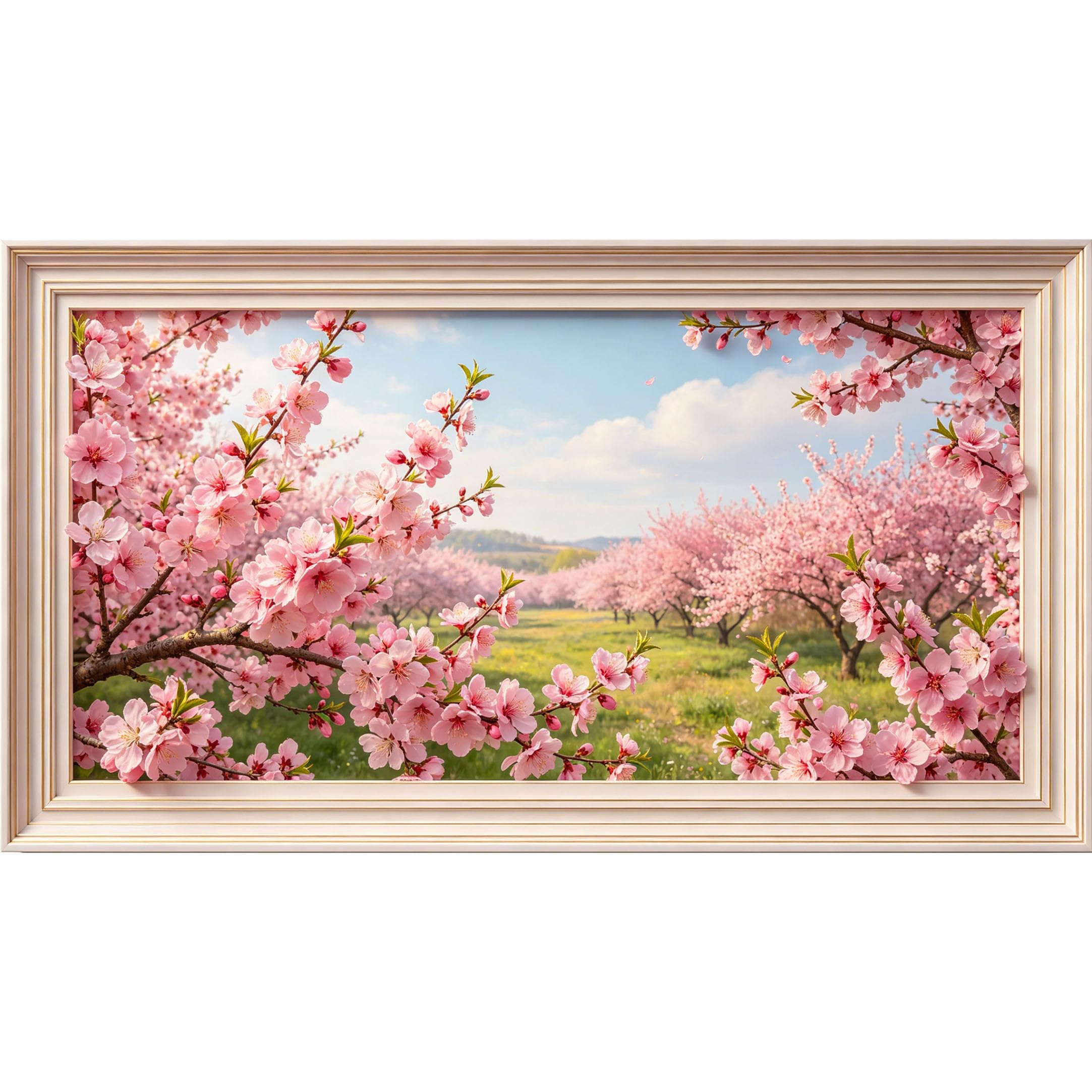 QZLITHOTIC 50×90cm3D Framed Wall Art， Pink Cherry Blossom Landscape SelfAdhesive Mural， WaterActivated Peel & Stick Fabric Decor Wall Decal for Bedroom Living Room