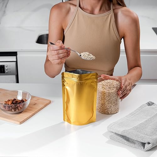 Miniatura 5 de Paquete de 100 bolsas de pie color dorado mate 43 x 63 pulgadas bolsas resellables a prueba de olores bolsas de embalaje sellables con cremallera