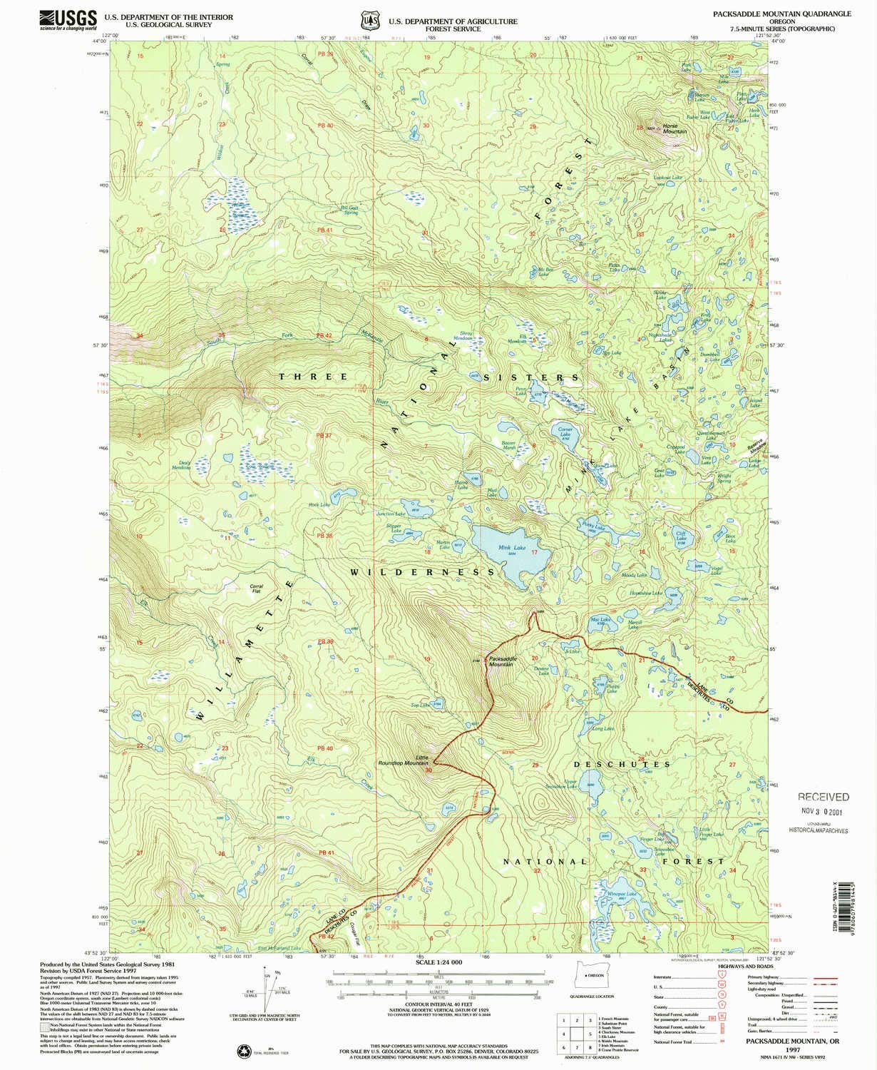 Packsaddle Mountain OR topo map, 1:24000 Scale, 7.5 X 7.5 Minute, Historical, 1997, Updated 2001, 26.7 x 21.9 in