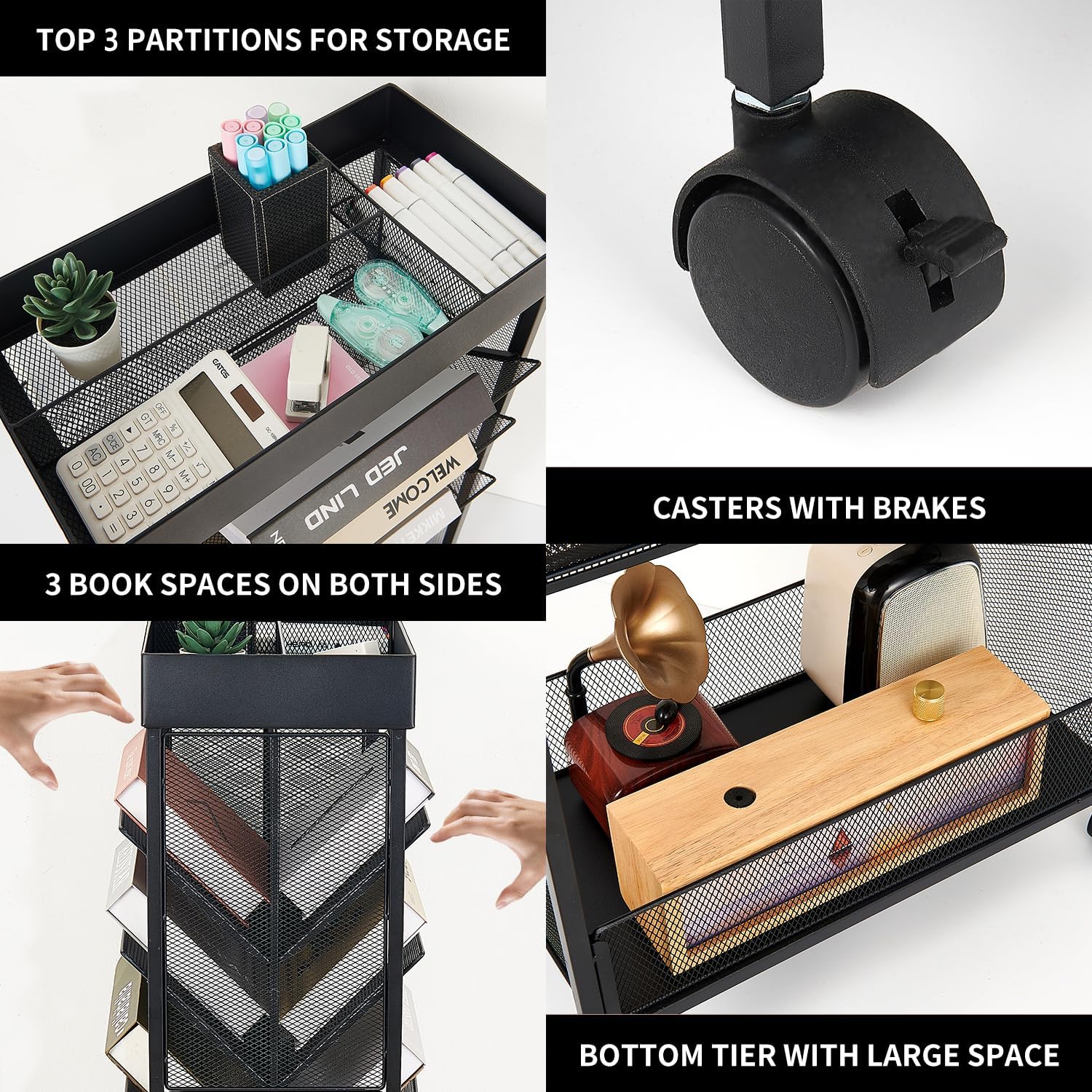 gianotter Book Rack Storage Bookshelf, 5 Tier Book Carts with Wheels, Rolling Cart Organizer for Study Office Kitchen Classroom