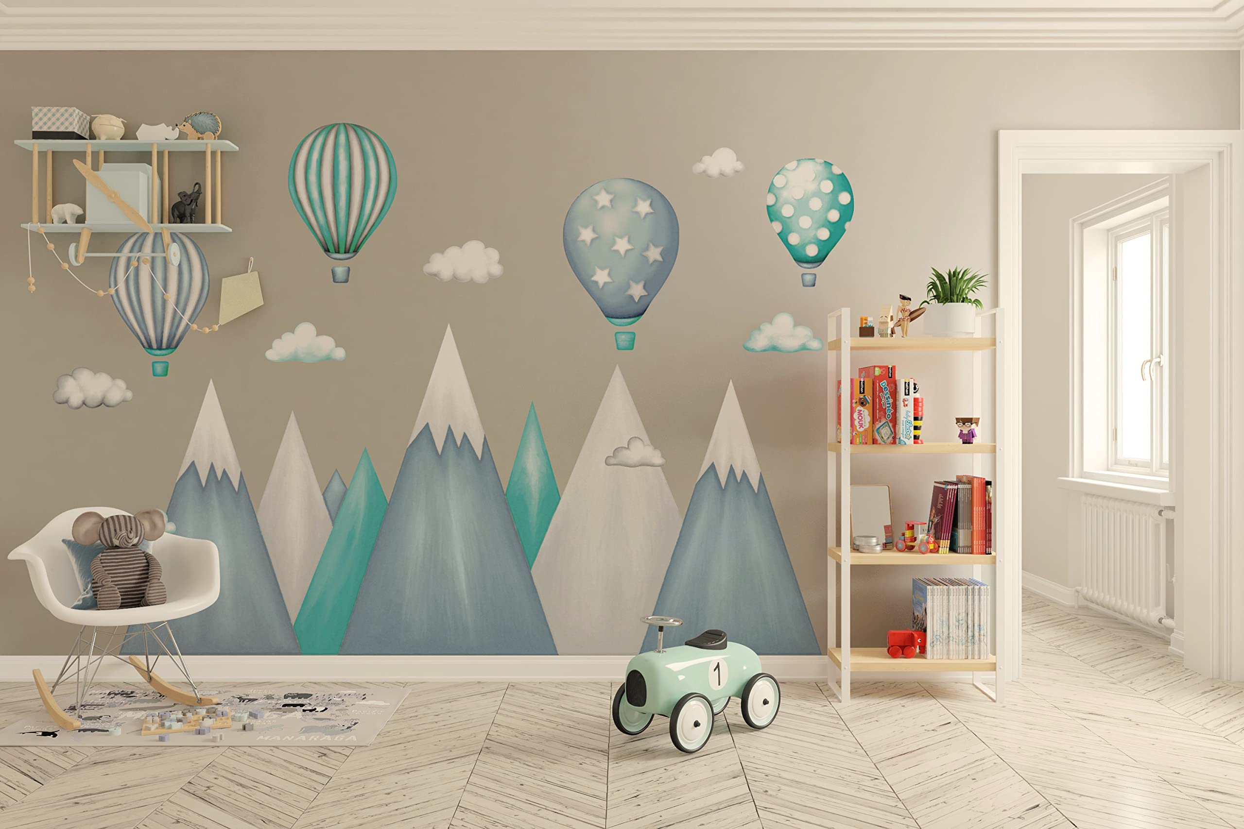 Pegatinas de Pared niños montaña montañas Paisaje Etiqueta de la Pared Globos Globo Nubes Cuarto de los niños decoración salón Infantiles Bebés Guardería escandinavo G22 XXL
