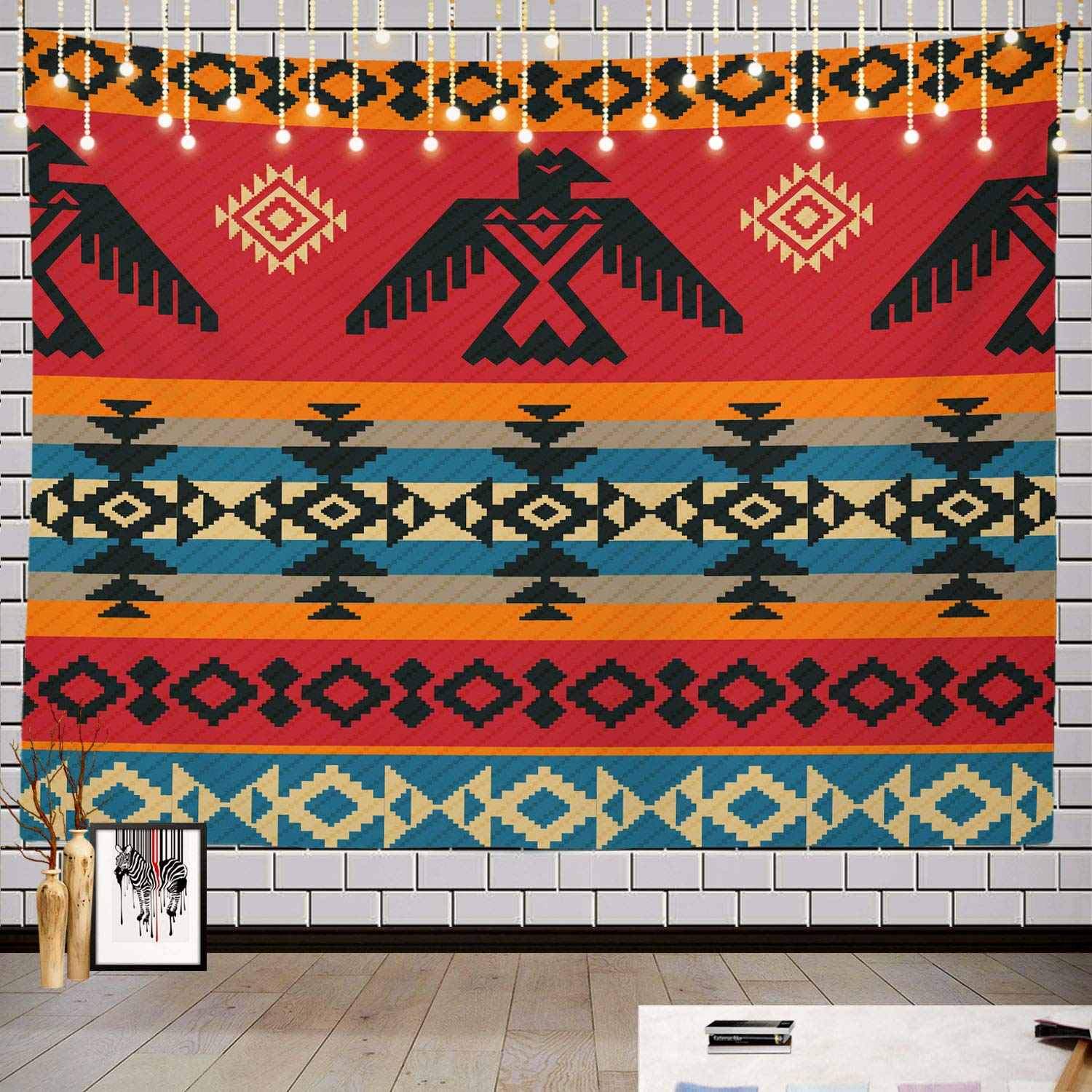 Batmerry Ethnic Geometric Tribal Tapestry, Native American Navajo Tribal Design Print Picnic Mat Hippie Trippy Tapestry Wall Art Decor for Bedroom Living Room, 39.4 x 59.1 Inches, Geometric