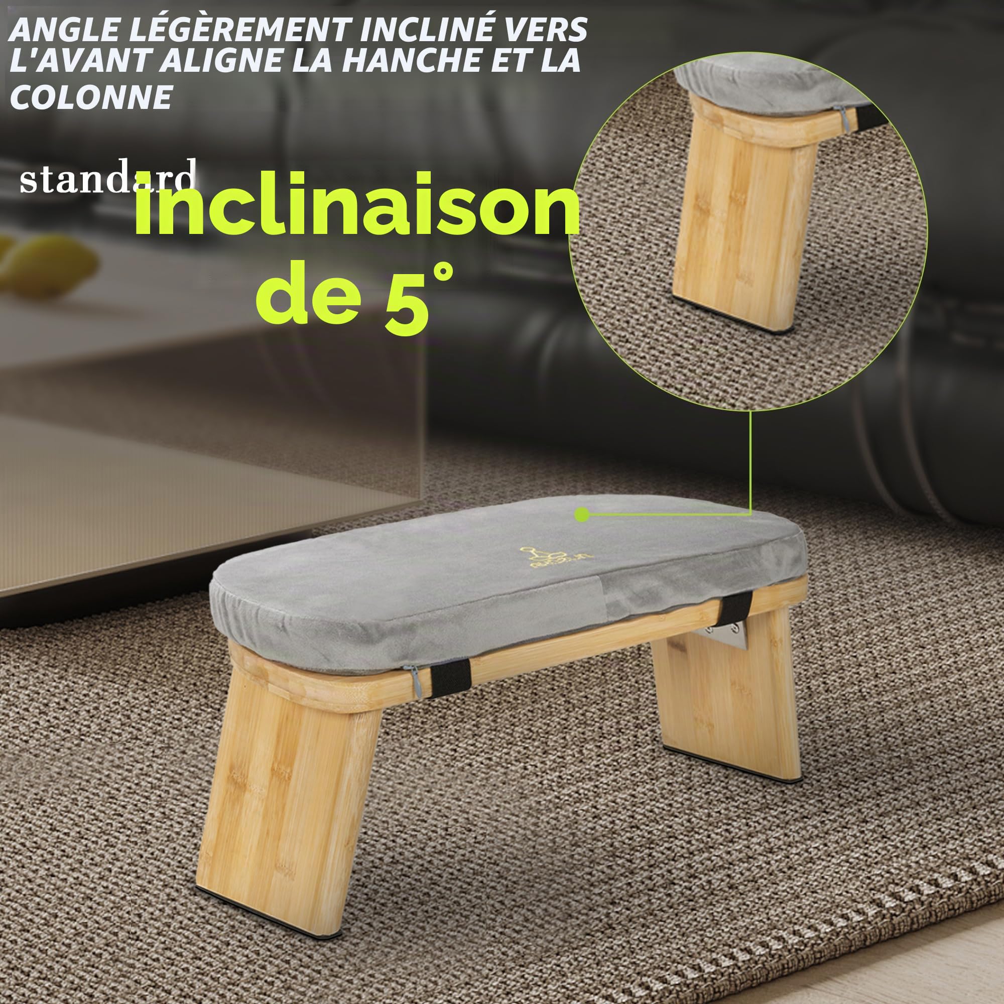 Banc de méditation pliable ergonomique en bambou - Tabouret de méditation avec coussin - Chaise de méditation portable avec sac de transport pour s'agenouiller, prière, pratique avancée - Gris