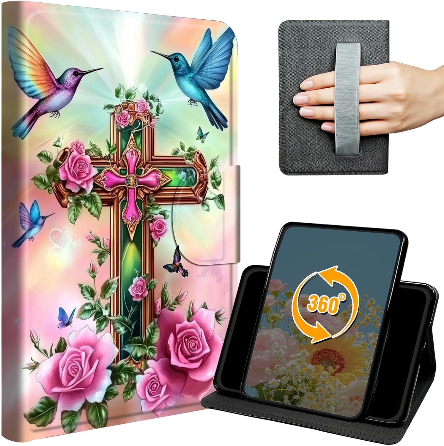 Case for iPad Air 5th/4th Generation 10.9-inch 2022/2020 & iPad Pro 11" 4th/3rd/2nd Gen 2022/2021/2020 Slim PU Leather 360° Rotating Cover with Hand Strap Auto Wake/Sleep, Christian Cross Hummingbird
