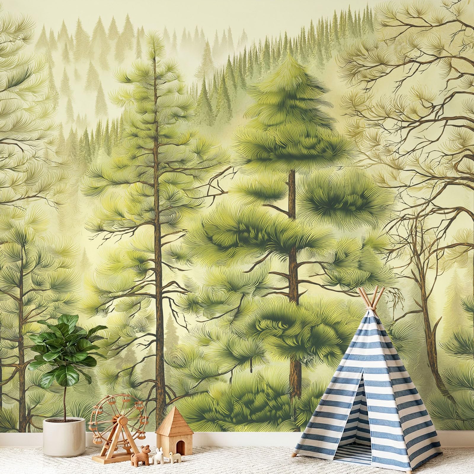 Générique Świeża nordycka natura tapeta panoramiczna 300 x 210 cm do salonu dekoracja pokoju dziecięcego dekoracja ścienna rośliny sosny