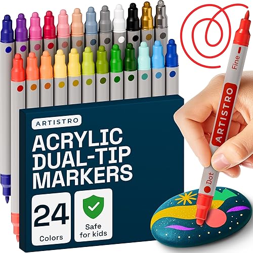 ARTISTRO 24 Acrylic Paint Markers for Rock, Fabric, Wood, Glass, Craft, Decoration - Dual-Tip Paint Pens - Stocking Stuffers, Christmas Gift Idea for Teens, Grandkids, Kids - Art Supplies