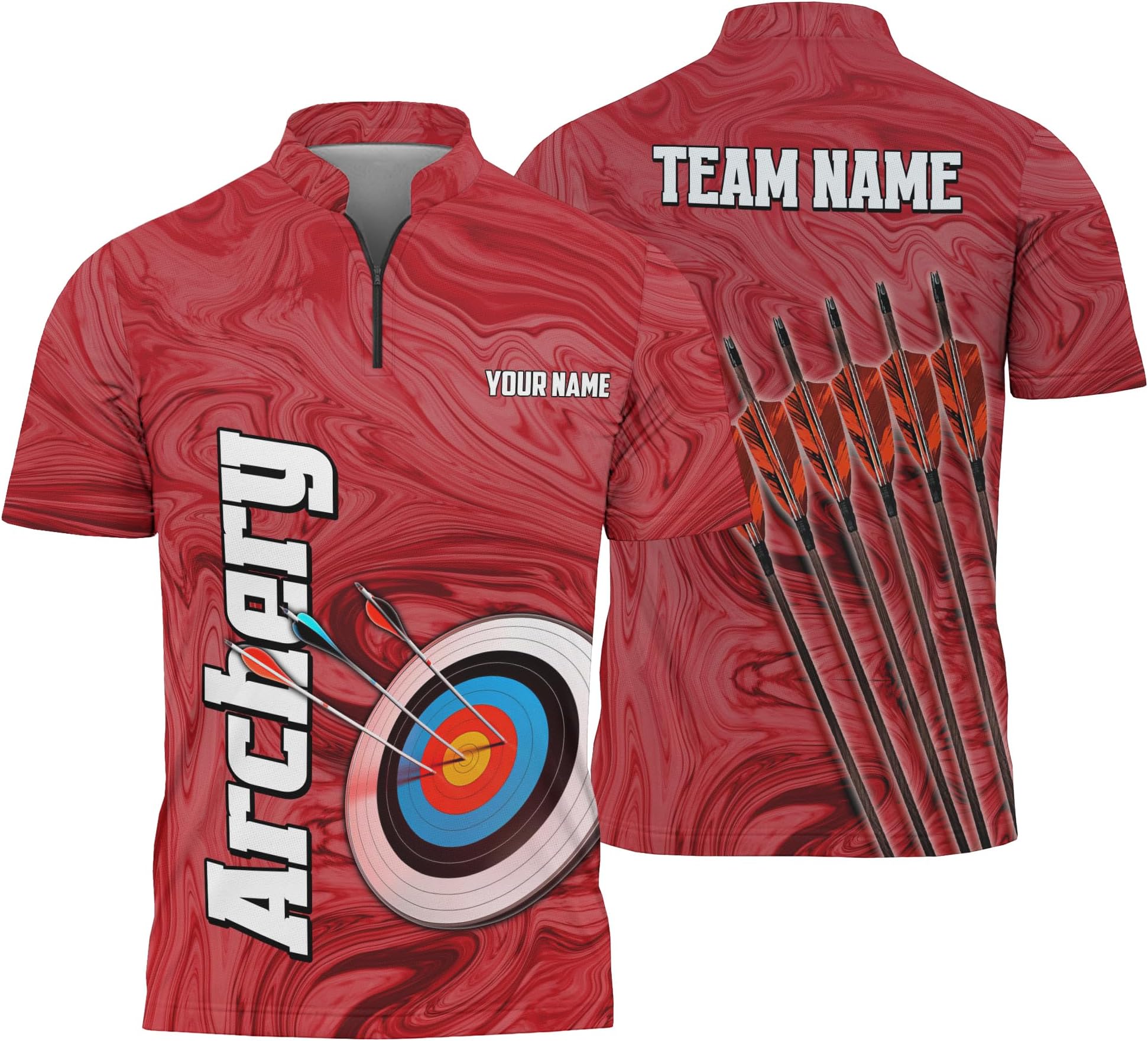 Personalize Archery Zipper T-Shirt with Custom Name Print Bullseye and Arrow Pattern 1/4 Zip Jersey for Archer Team