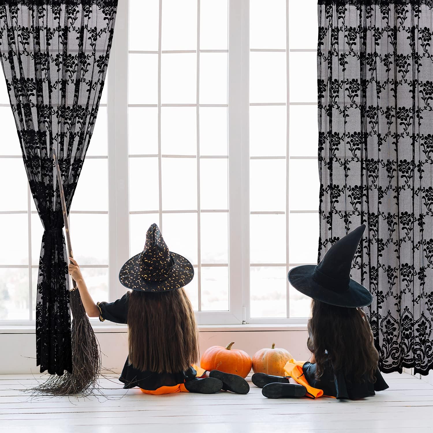 Review Product NAVAdeal 2 Panels Handmade Halloween Gothic Black Lace French Curtain Drape, Rod Pocket, Elegant Vintage Dark Sheer Window with Floral Embroidery Hem, For Parlor Living Room Canopy Bed, 59W x 83L Inch