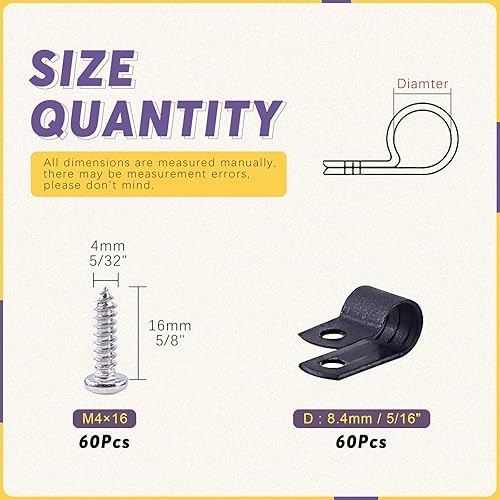 Miniatura 2 de Swpeet Paquete de 60 clips de cable tipo R de nailon negro de 516 pulgadas, clips de sujeción de cable de montaje de tornillo de nailon con 60