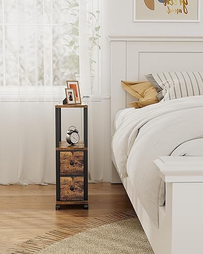 Miniatura 8 de TUTOTAK Mesas pequeñas estrechas, mesas auxiliares con 2 cajones de tela, juego de 2, mesitas de noche con estación de carga para espacios pequeños,