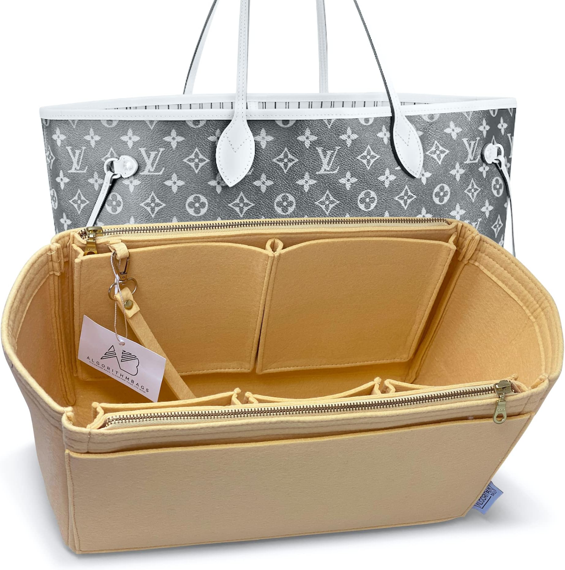 AlgorithmBags Purse Organizer Insert | designed for LV Neverfull GM MM PM | Luxury Bag Shaper Liner Divider Protector | 3mm Felt (MM Zipper, Tan)