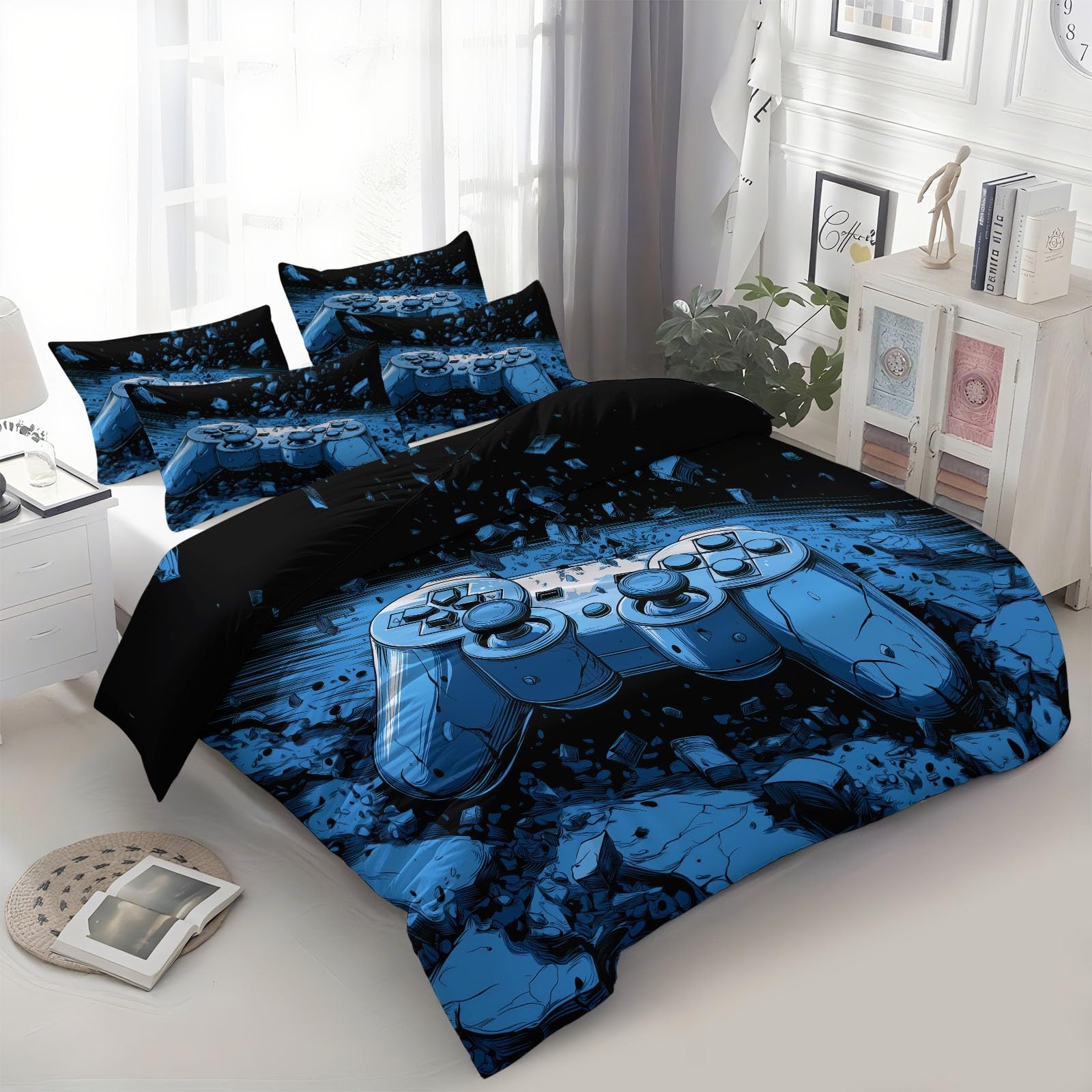 Bettwäsche 240 x 220 cm 3-teiliges Set, Aesthetic Wende Geometrie-Spiel Crack Bettwäsche Set, Atmungsaktiv, Maschinenwaschbar Blauschwarz Bettbezug mit Reißverschluss