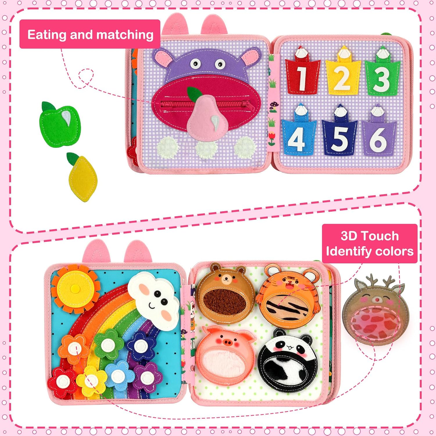 Busy Book for Toddlers 1-3, Bunny Montessori Quiet Felt Book for Girls 1 3 Year Old, Preshcool Learning Busy Book with Various Activities