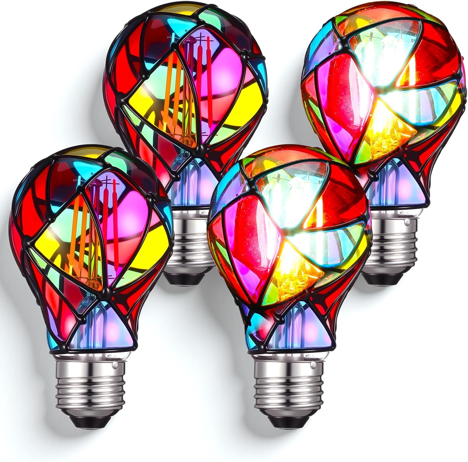 4 Pcs Stained Glass Light Bulb Indoor, 4w 120v E26 Base A19 Colorful Stained Glass Light Bulbs for Christmas Decoration Party Balcony Lighting