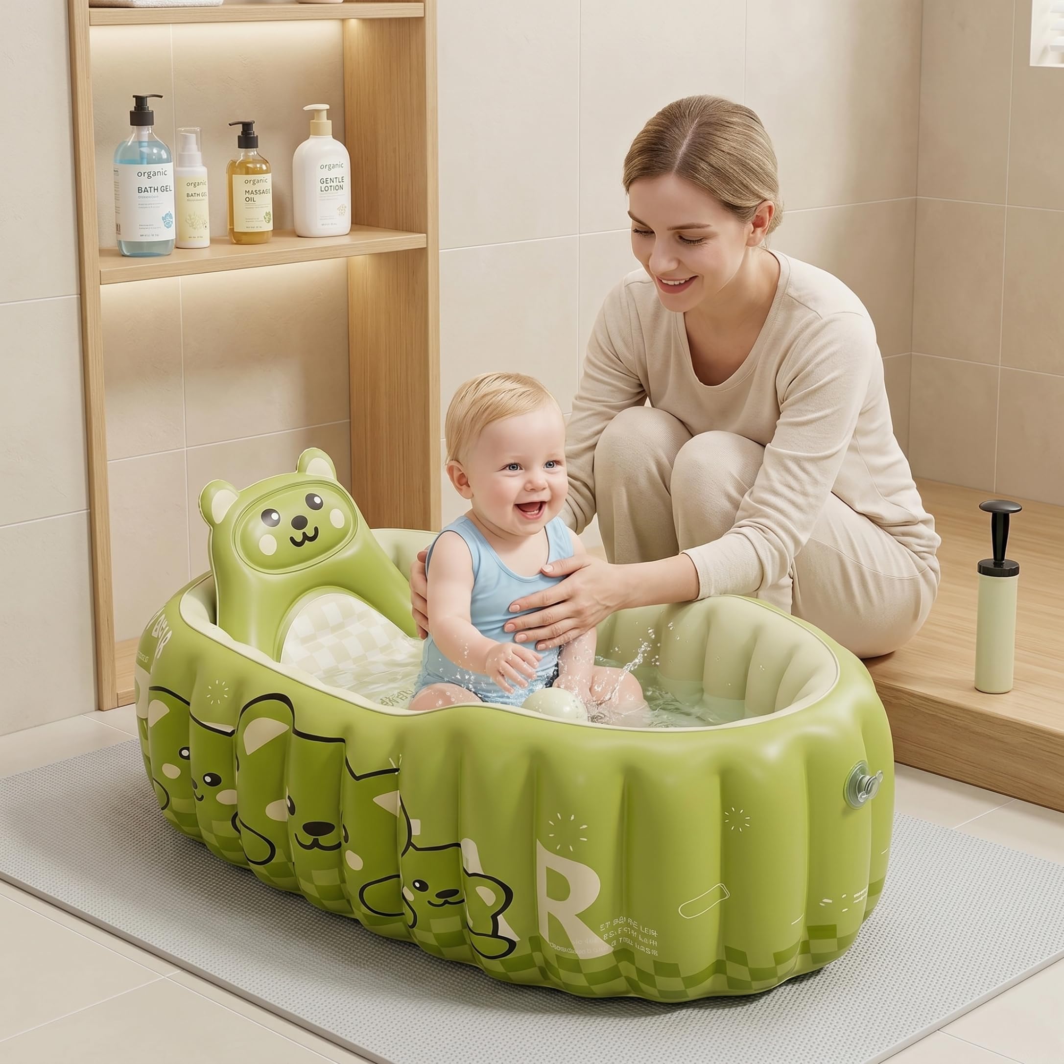 Aufblasbare Babybadewanne, tragbare Kleinkindwanne mit Handpumpe – sicherer Halt für Neugeborene. Grüne Badematte im Lieferumfang enthalten