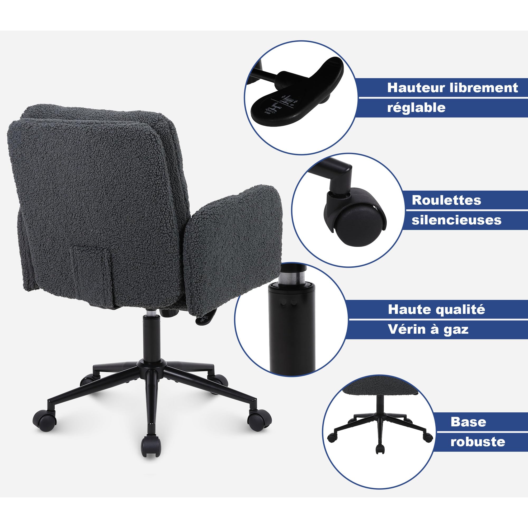 Youhauchair Chaise de Bureau, Imitation Cachemire, Chaise de Maquillage Confortable avec Hauteur réglable, Chaise Ergonomique de Bureau pour la Maison et la Chambre, Gris foncé