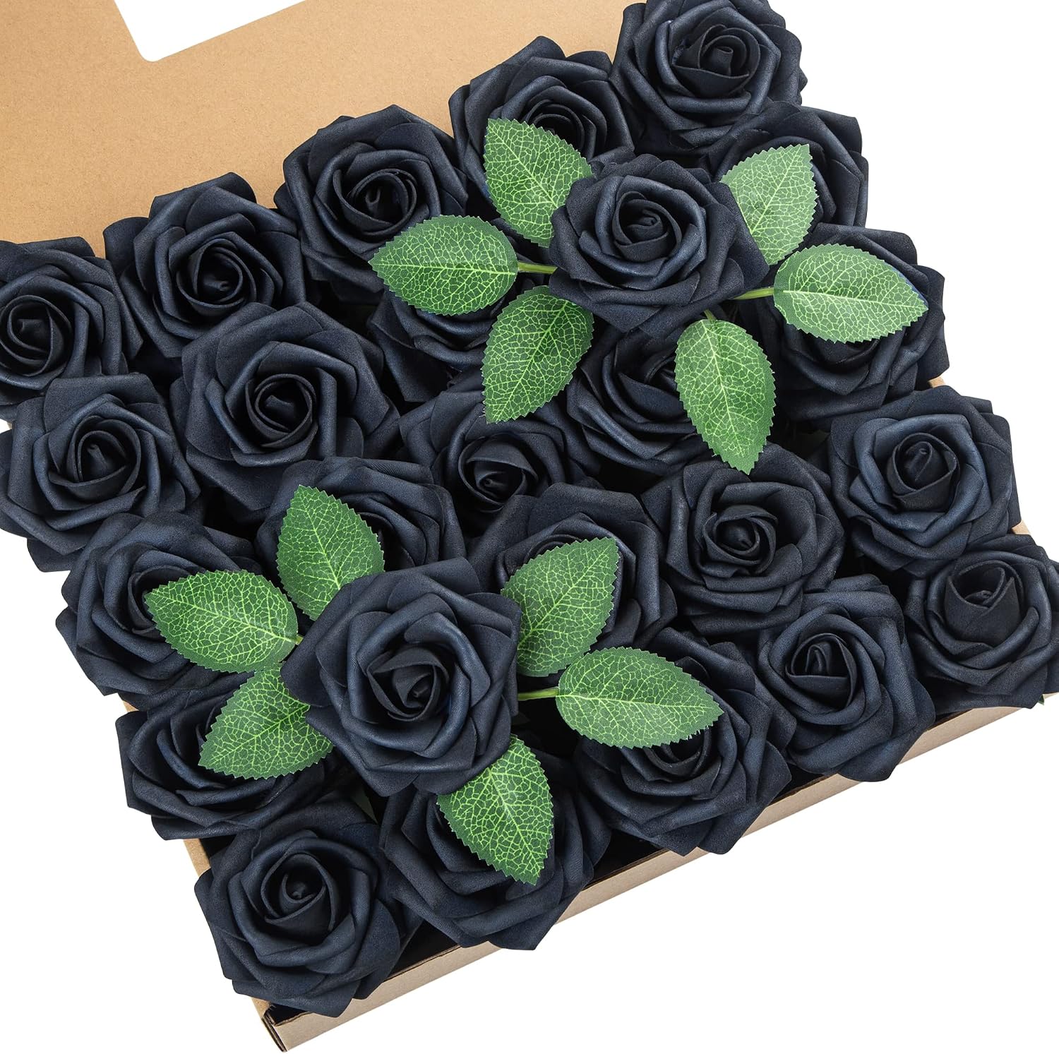 DuHouse 25Pcs Artificial Roses Flowers Fake Roses with Stems Real Touch Foam Flowers for DIY Wedding Bouquet Baby Shower Centerpiece Floral Arrangement Party Home Decor (Navy Blue)