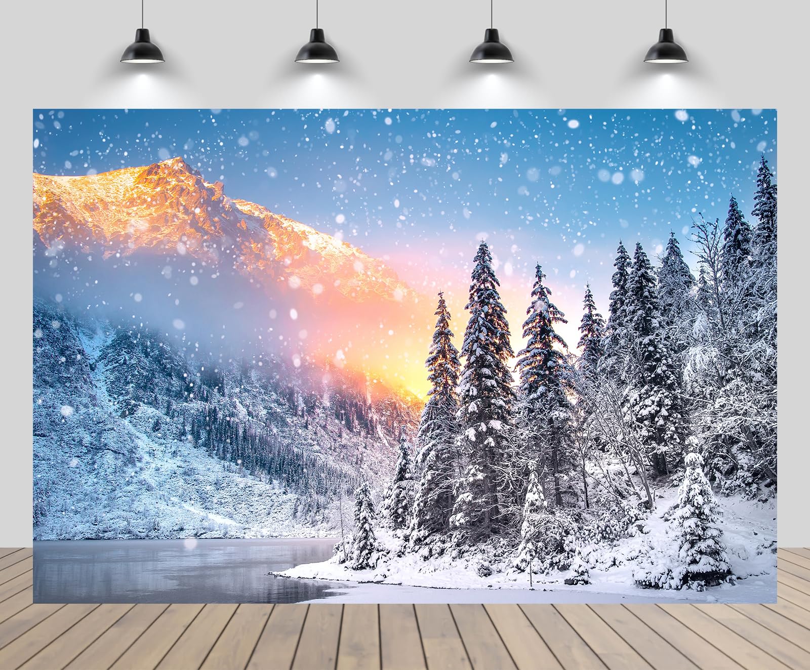 5x4ft Winter Snow Natural Scenery Backdrop Log Cabin Sunset Snowy Mountains Forest Pine Trees Background Banner Home Wallpaper Decor Family New Year Party Photo Booth Props - View #11