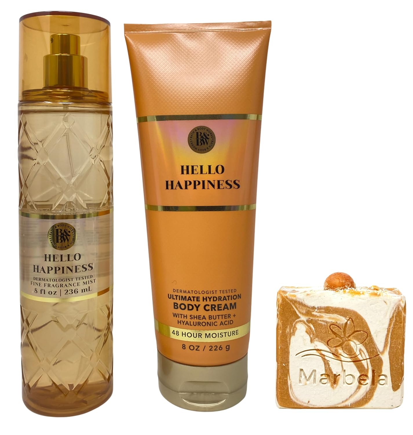 Bath & Body Works Hello Happiness Fine Fragrance Mist and Ultimate Hydration Body Cream with a Peach Gardenia Bar Soap