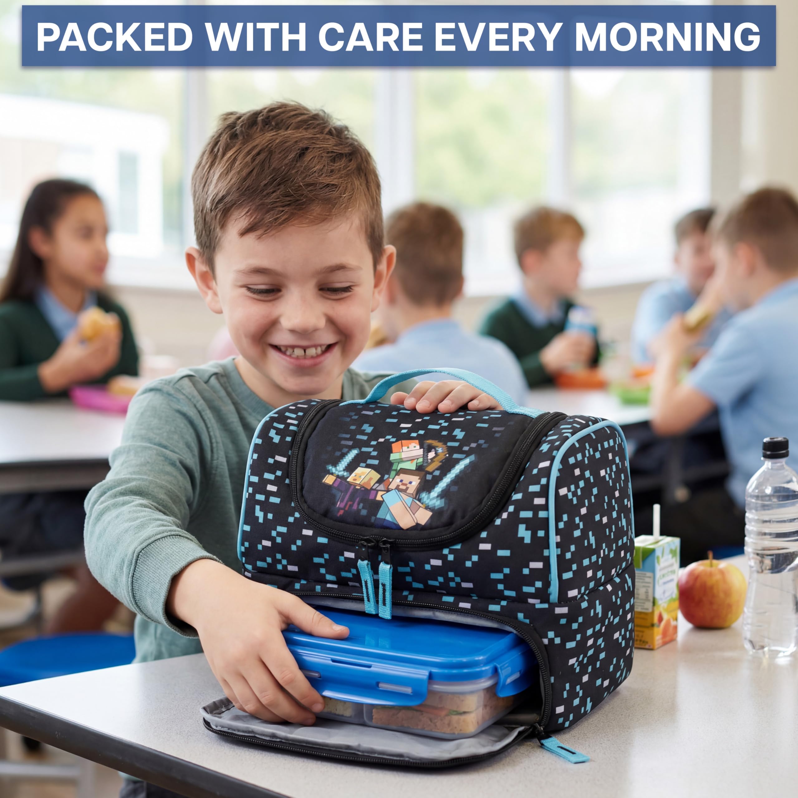Get Trend Minecraft Borsa Termica Porta Pranzo Bambini con 2 Scomparti Isolati Doppia Zip, Borsa Pranzo con Fodera Argentata, Manico ed Etichetta ID per Scuola e Picnic, Idea Regali (Blu/Nero)