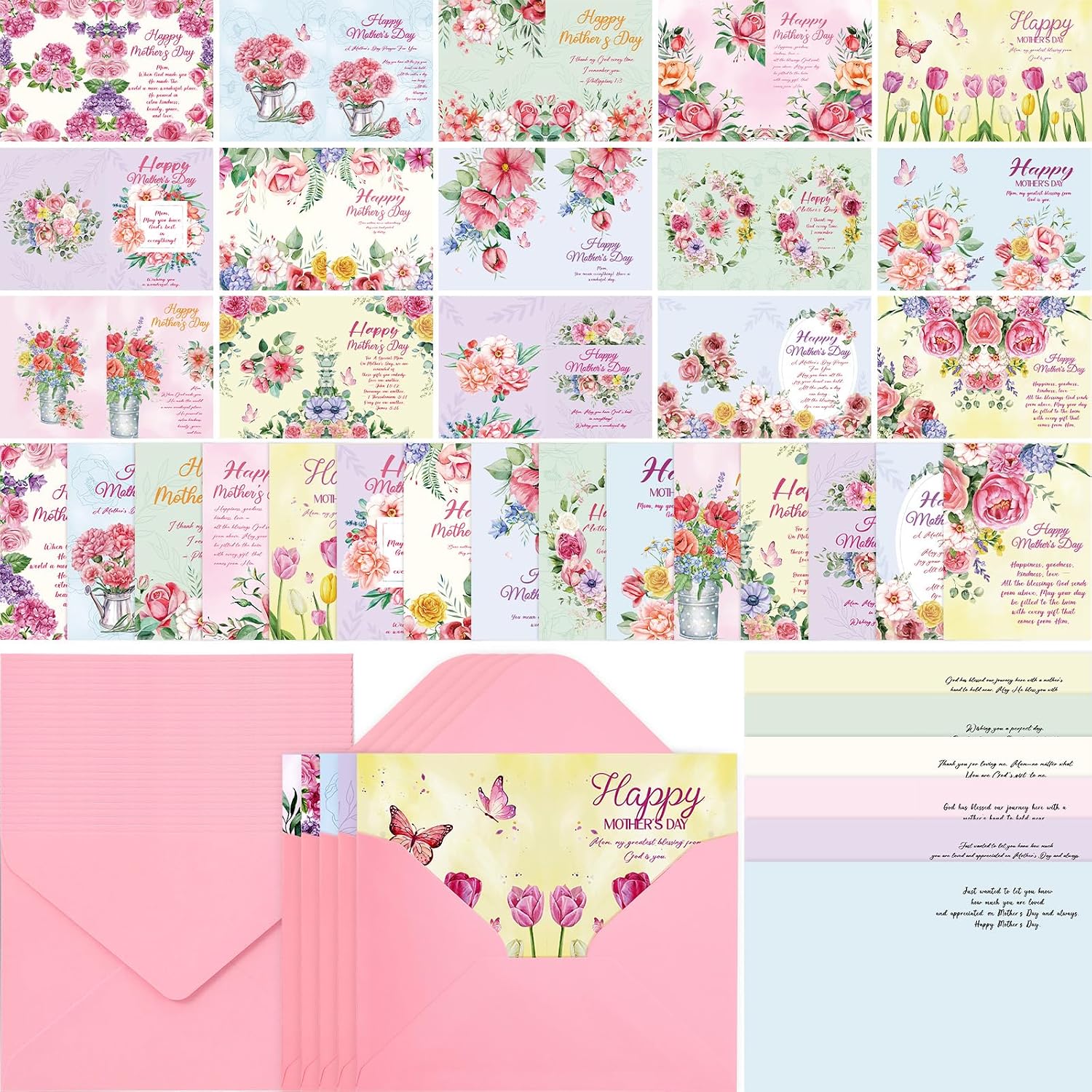 Crtiin 150 Sets Mother's Day Religious Greeting Cards with Envelopes, 4 x 6 Floral Christian Cards Bulk, Faith Blessing Prayer Card for Mom, Daughter, Women, Grandmothers, Church Gifts