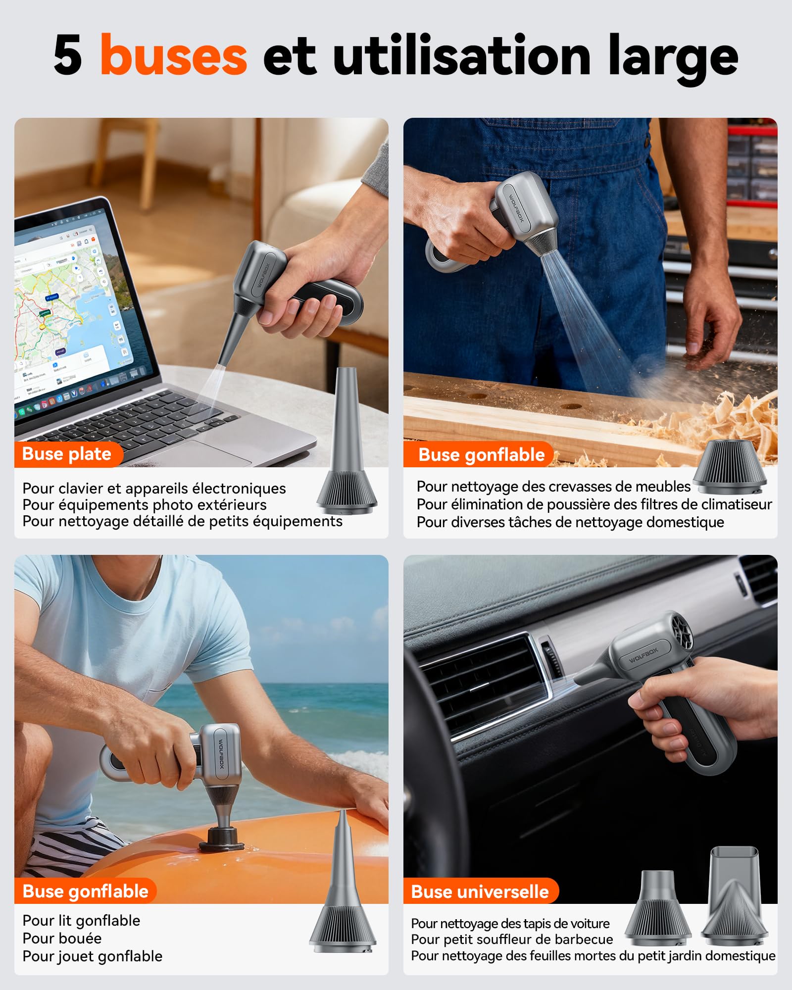 WOLFBOX MF70 Souffleur Air Comprimé PC, Mini Souffleur Sans Fil Puissant 110 000 RPM, Soufflette Électrique Rechargeable 3 Vitesses, Autonomie 300 Min, Dépoussiérant pour Clavier Ordinateur Voiture