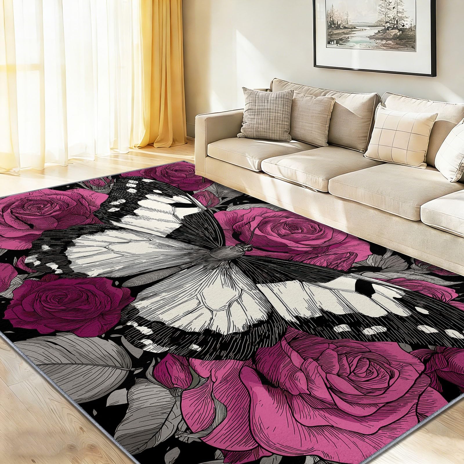 Tapis antidérapant et lavable 80x150 cm motif fleurs et papillons pour chambre