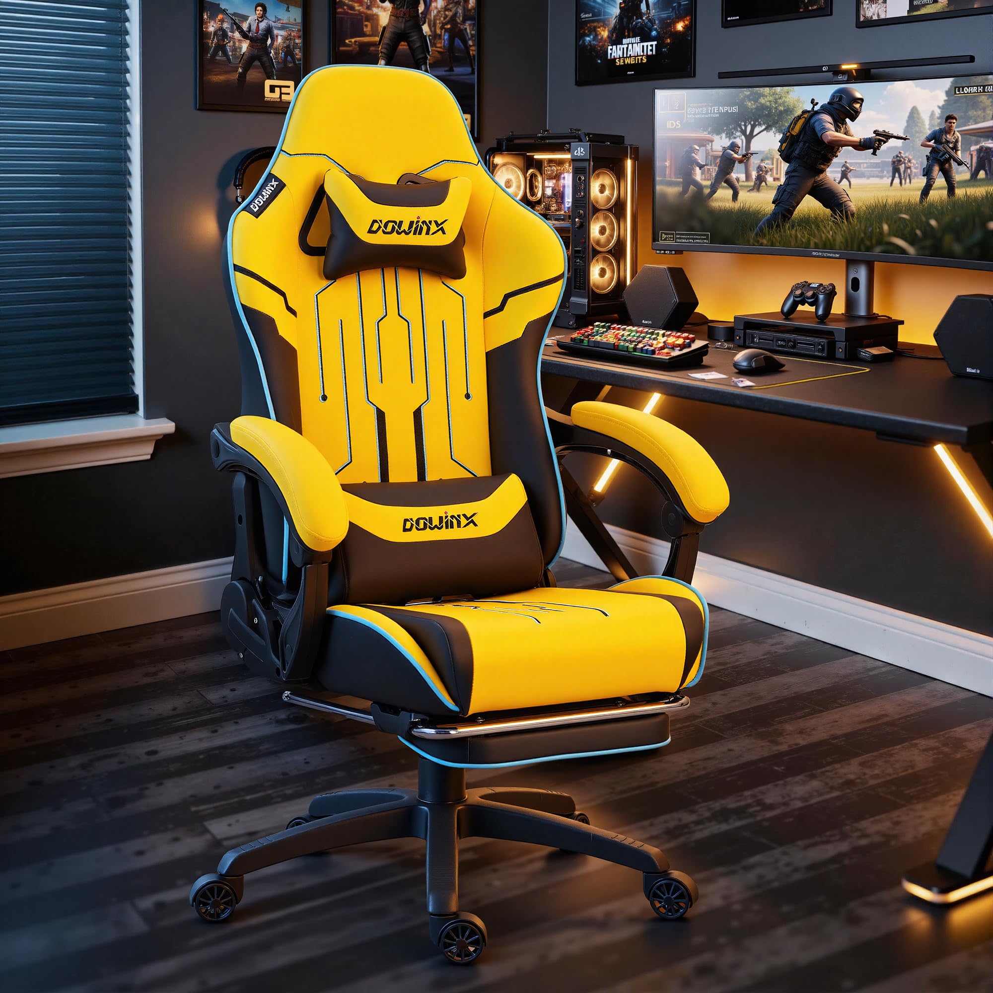 Dowinx Gaming Chair Big and Tall, 350LBS Heavy Duty PC Gaming Chair with Massage & Footrest, Ergonomic Reclining Gamer Chair with Embroidered Esports